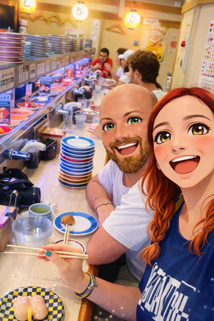 Efe ve Ebru’nun Sushi No Musashi’de çekilmiş animasyon tarzı fotoğraf