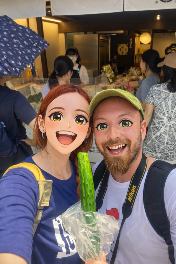 Efe ve Ebru’nun Japon meşhur salatalık turşusu yerken çekilmiş animasyon tarzı fotoğraf