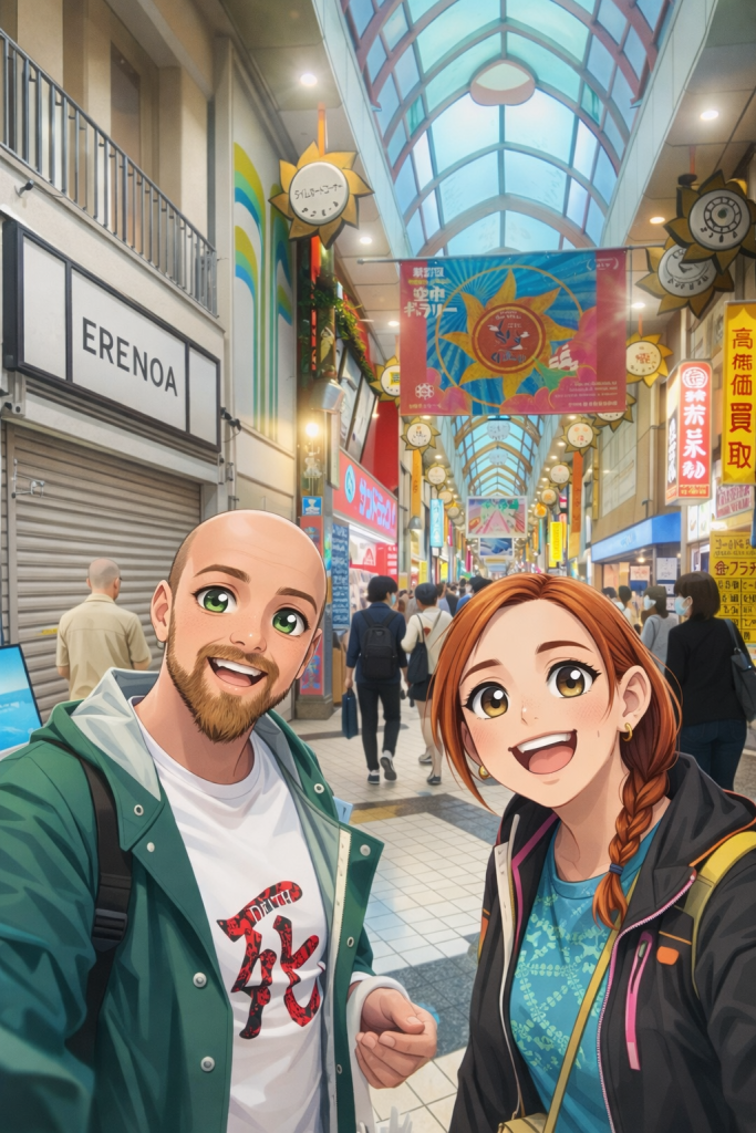 Efe ve Ebru’nun Nakano Broadway girişinde çekilmiş animasyon tarzı fotoğraf