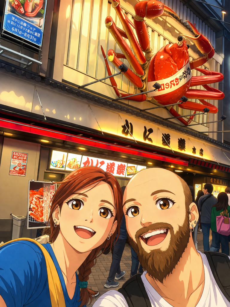 Efe ve Ebru’nun Osaka sokaklarında çekilmiş animasyon tarzı fotoğraf
