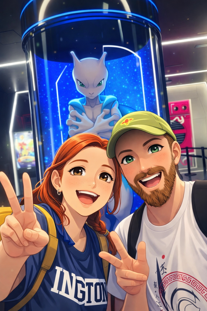 Efe ve Ebru’nun MewTwo ile çekilen animasyon tarzı fotoğraf