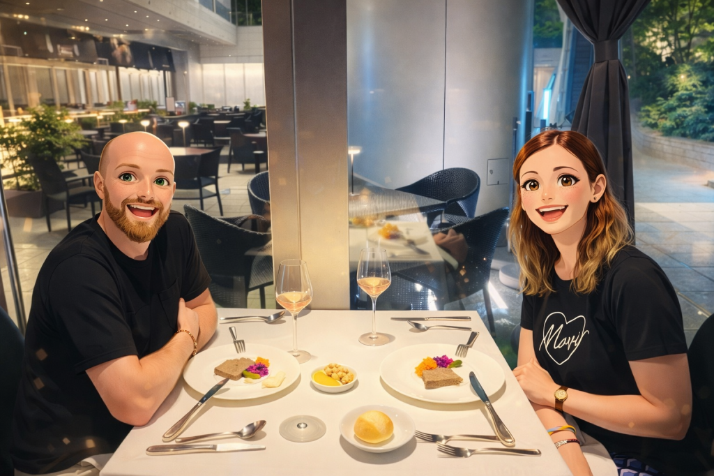 Efe ve Ebru’nun RRR Otemachi restoranında çekilmiş animasyon tarzı fotoğraf