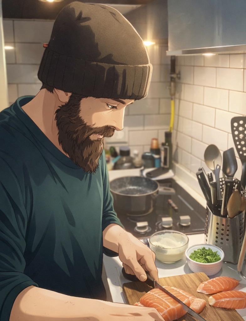 Efe’nin rakı sofrası için somon füme rol hazırlarken çekilmiş animasyon tarzı fotoğraf