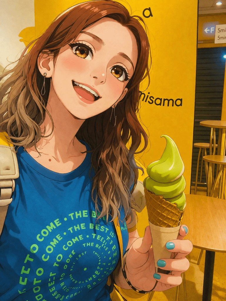 Ebru’nun matcha dondurması yerken çekilmiş animasyon tarzı fotoğraf