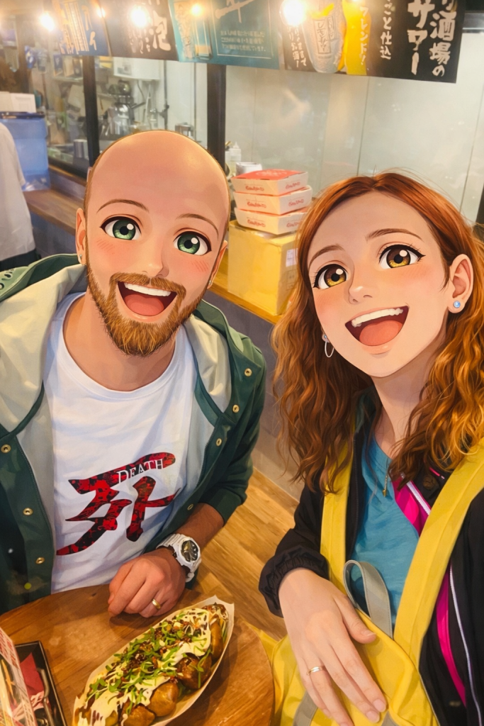 Efe ve Ebru’nun Takoyaki yerken çekilmiş animasyon tarzı fotoğraf