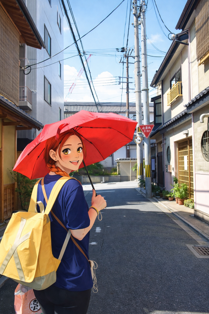 Ebru’nun Kyoto sokaklarında gezerken, elinde kırmızı şemsiyesiyle çekilmiş animasyon tarzı fotoğraf