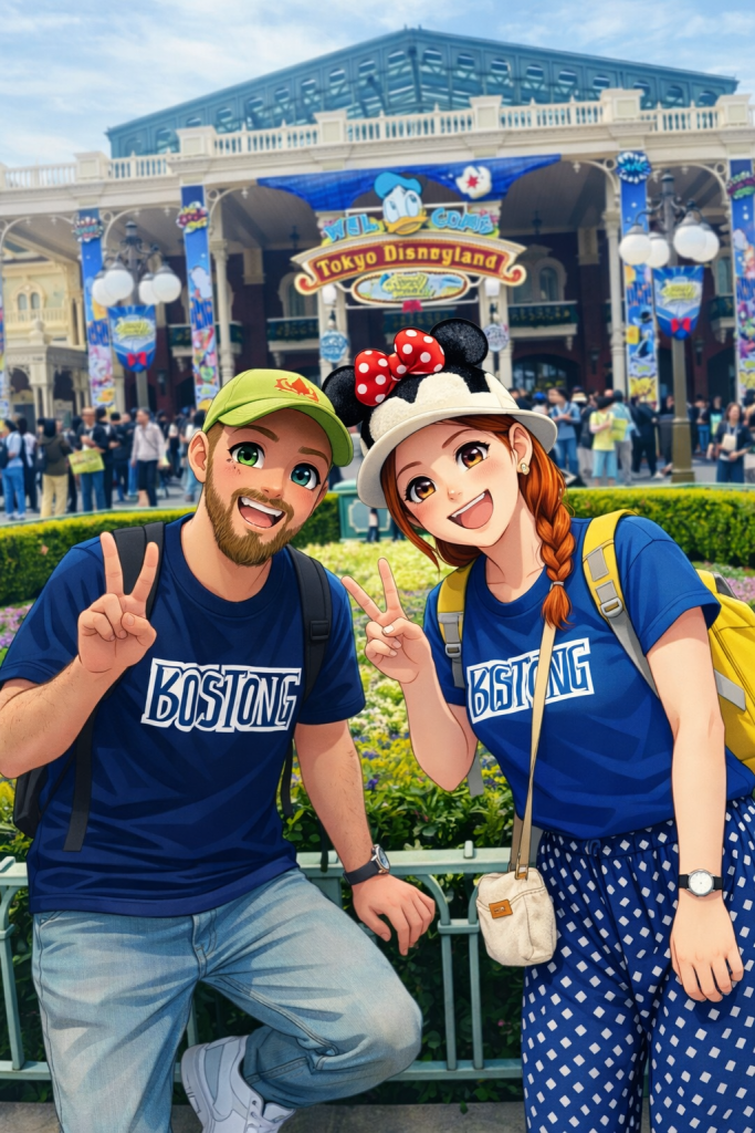 Efe ve Ebru’nun Disneyland girişinde çekilmiş animasyon tarzı fotoğraf