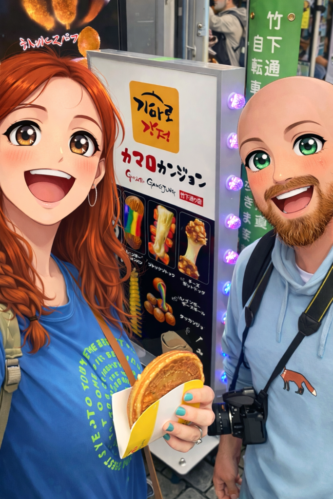 Efe ve Ebru’nun Takeshita caddesinde rainbow tost yerken çekilmiş animasyon tarzı fotoğraf