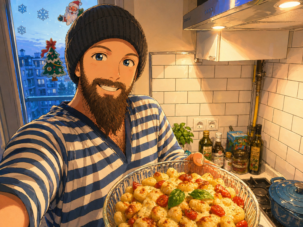 Efe’nin fırında gnocchi yaparken çekilmiş animasyon tarzı fotoğraf