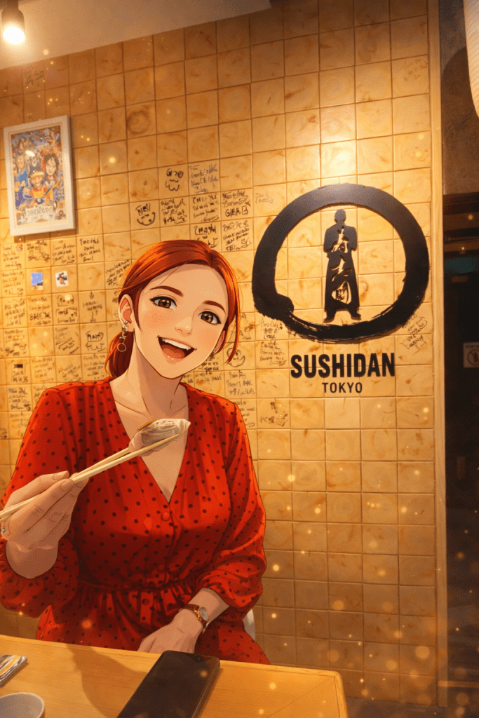 Ebru’nun Sushidan’da suşi yerken çekilmiş animasyon tarzı fotoğraf