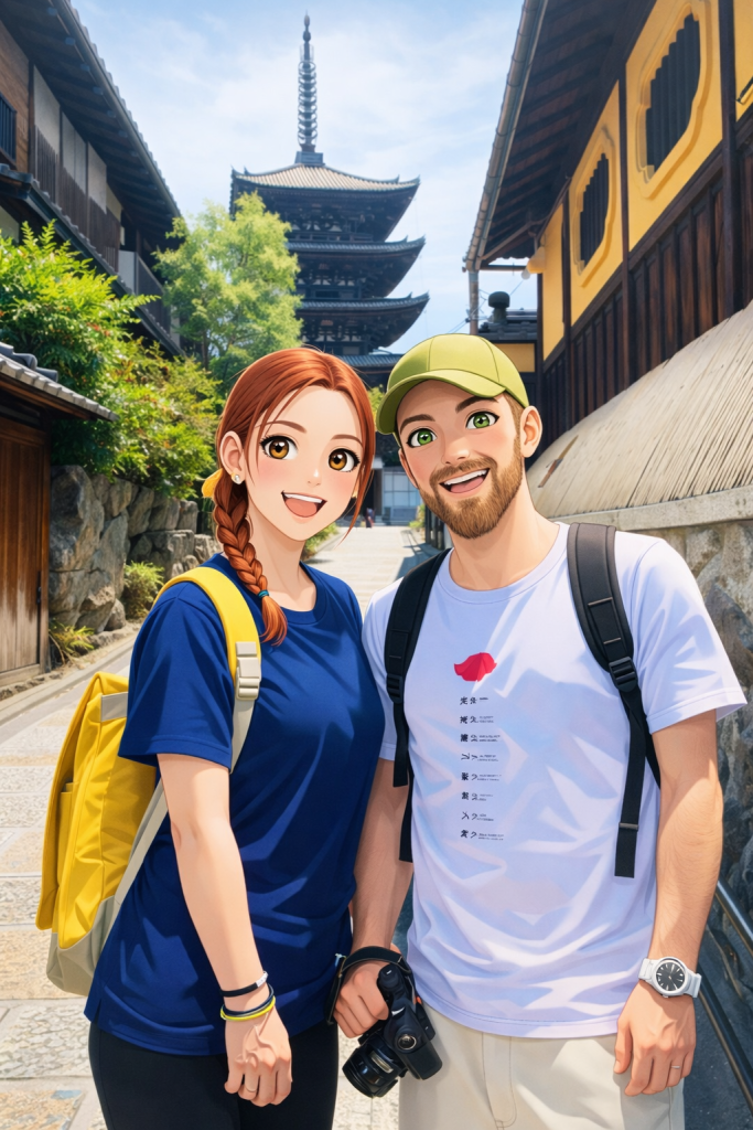 Efe ve Ebru’nun Kiyomizu-dera yolunda çekilmiş animasyon tarzı fotoğraf