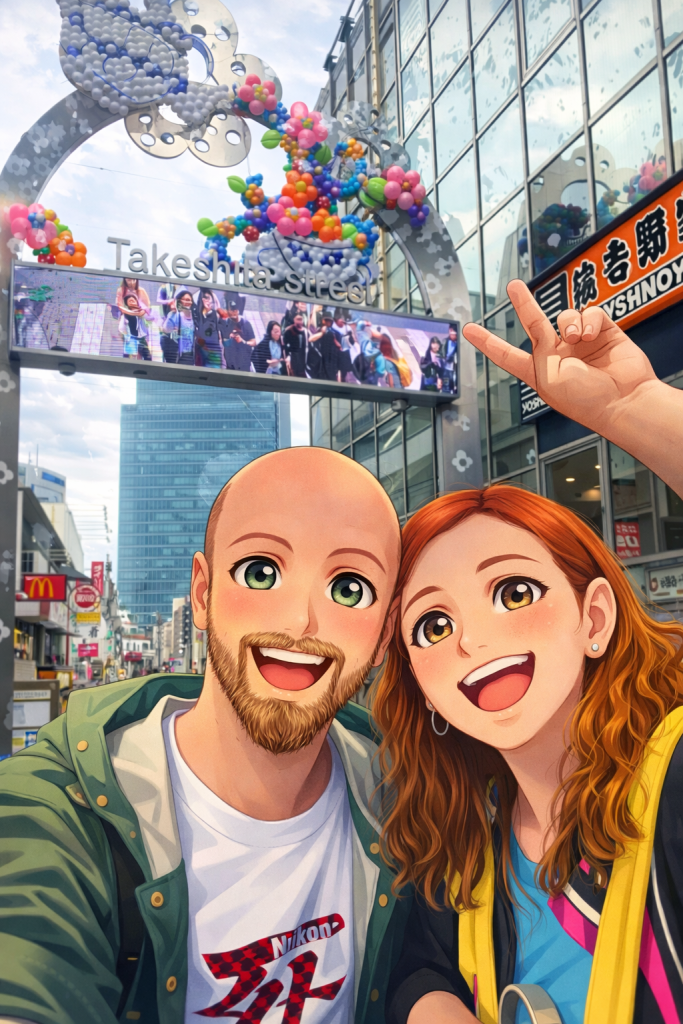 Efe ve Ebru’nun Tokyo Takeshita street girişinde çekilmiş animasyon tarzı fotoğraf