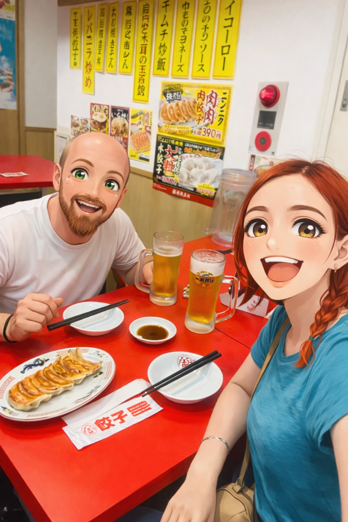 Efe ve Ebru’nun Gyoza yerken çekilmiş animasyon tarzı fotoğraf