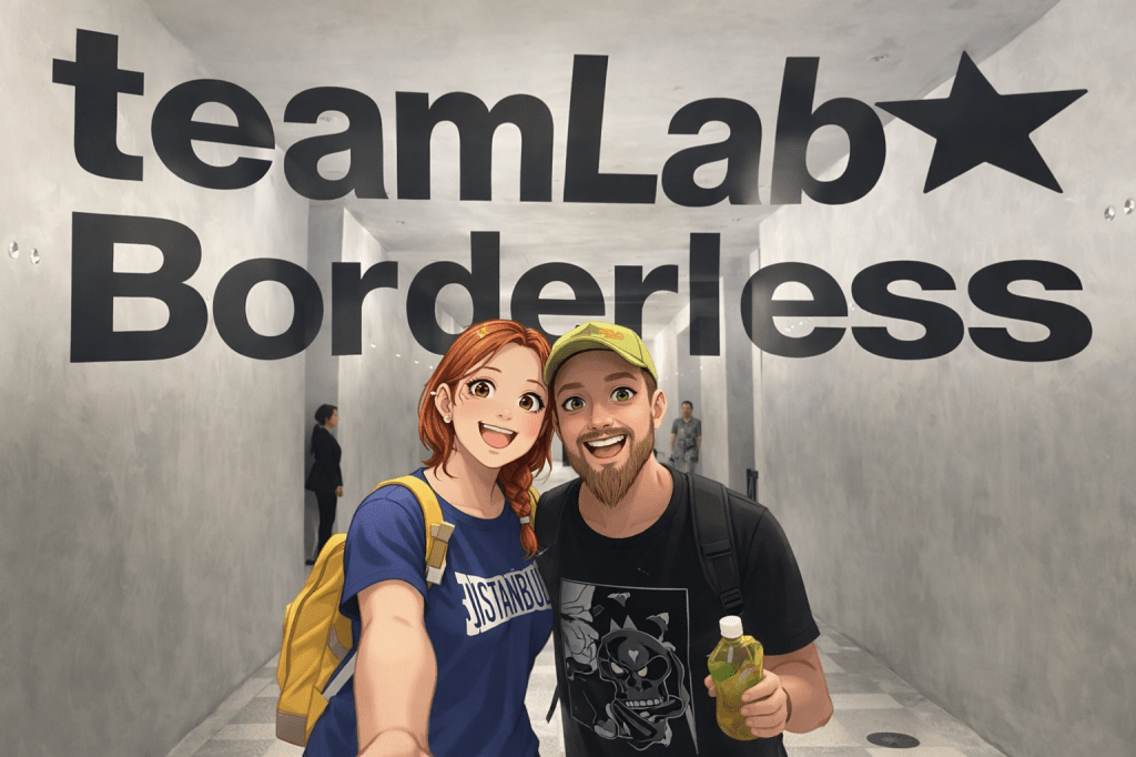 Efe ve Ebru’nun TeamLab Borderless girişinde çekilmiş animasyon tarzı fotoğraf