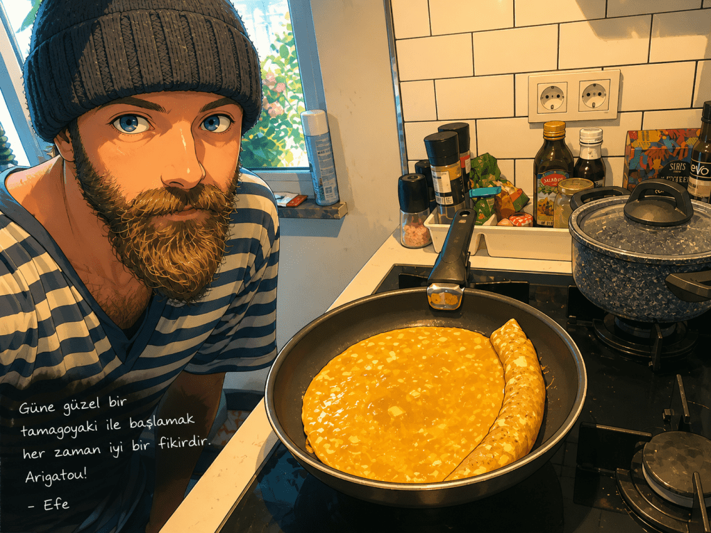 Efe’nin Tamagoyaki hazırlarken çekilmiş animasyon tarzı fotoğraf