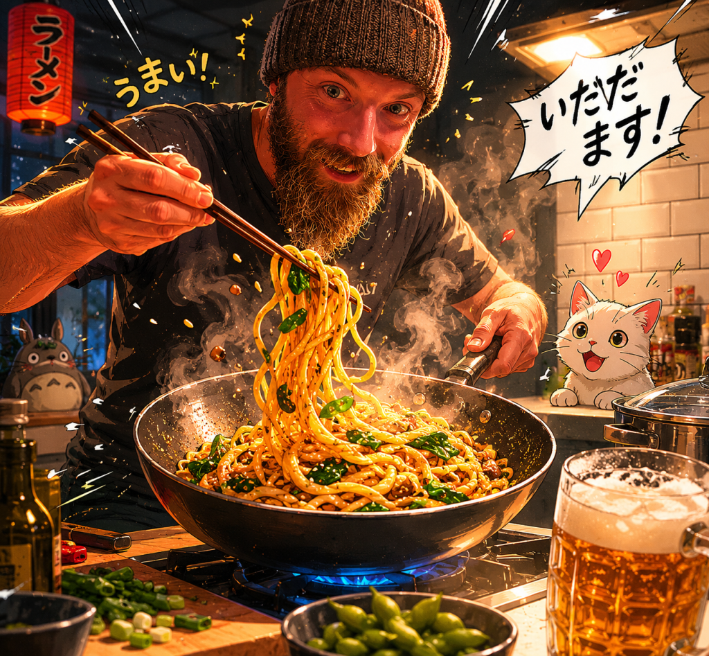 Efe’nin noodle yaparken çekilmiş animasyon tarzı fotoğrafı