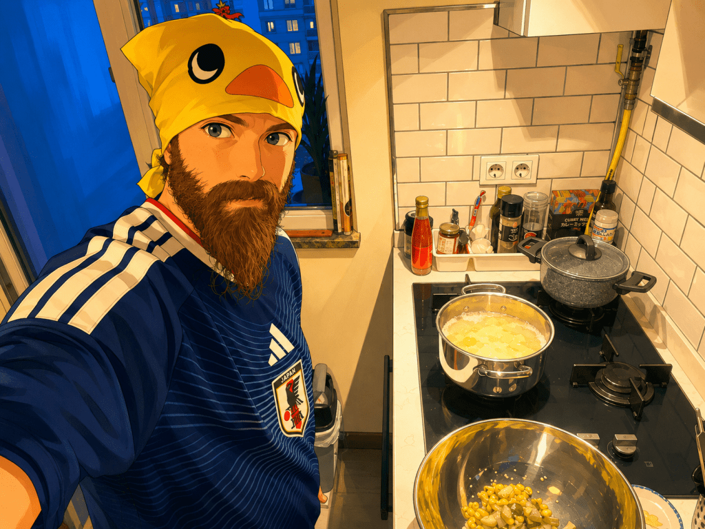 Efe’nin Japon patates salatası yaparken çekilmiş animasyon tarzı fotoğrafı