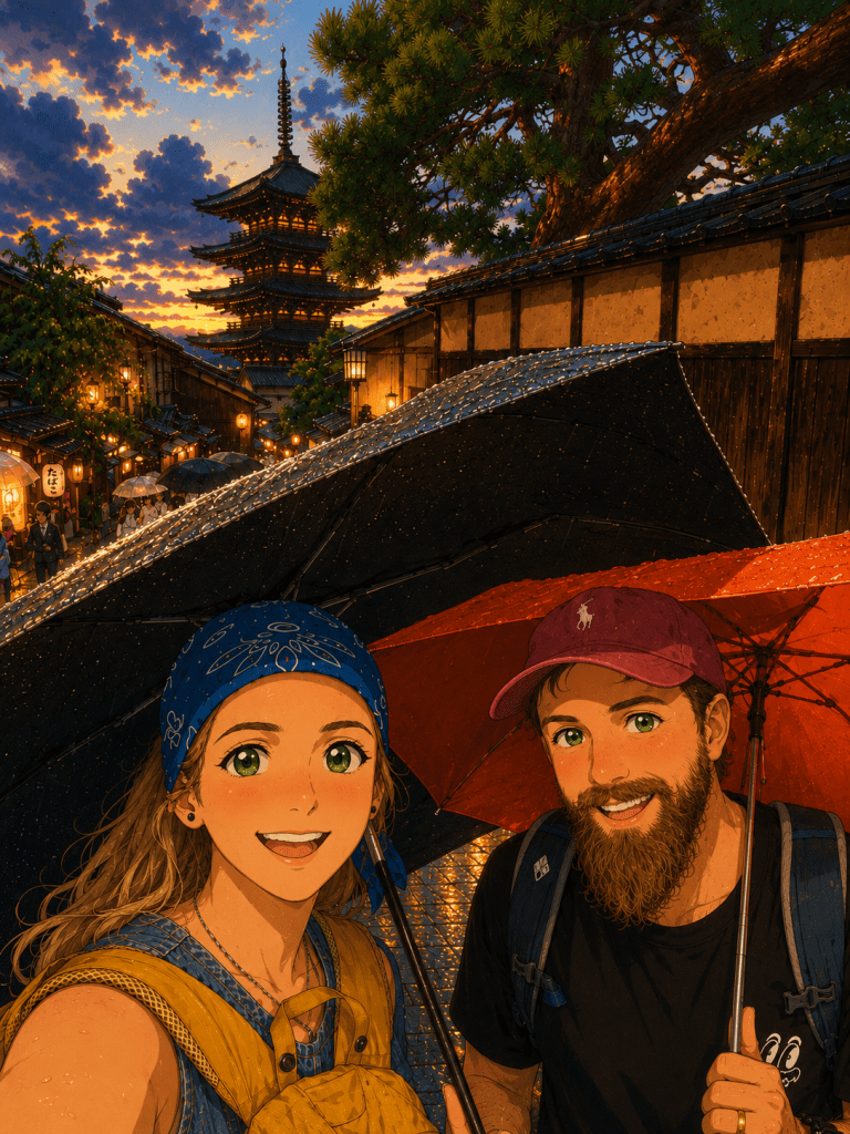 2026 Japonya yolculuğundan: Kyoto pagoda gece selfie