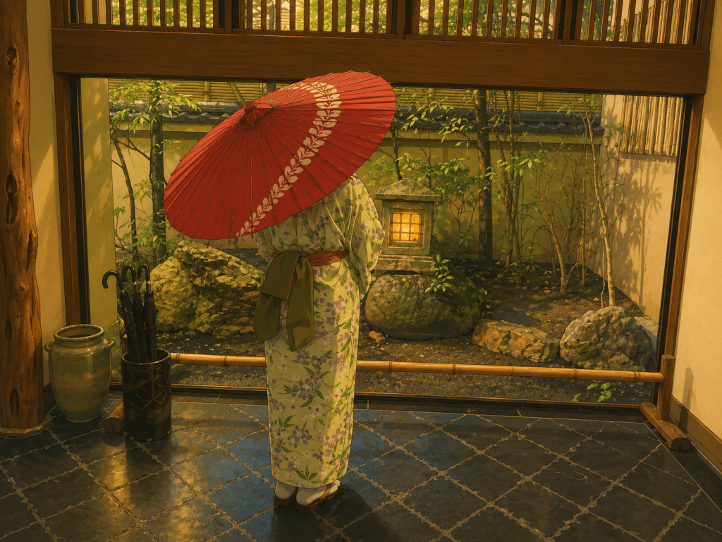 2026 Japonya yolculuğundan: Kimono kırmızı şemsiye bahçe