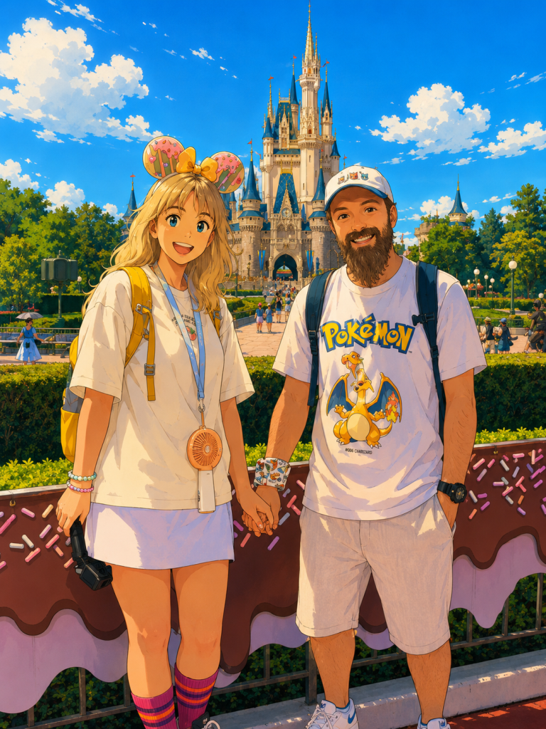 2026 Japonya yolculuğundan: Tokyo Disneyland şato önünde çift