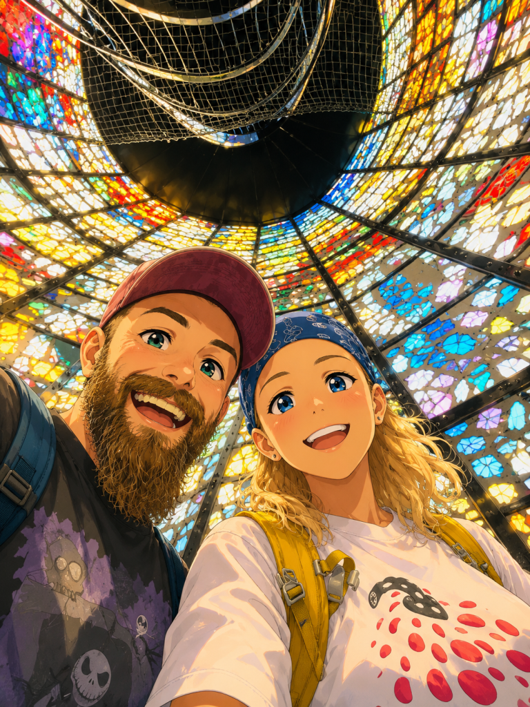 2026 Japonya yolculuğundan: Hakone vitray kule tavan selfie