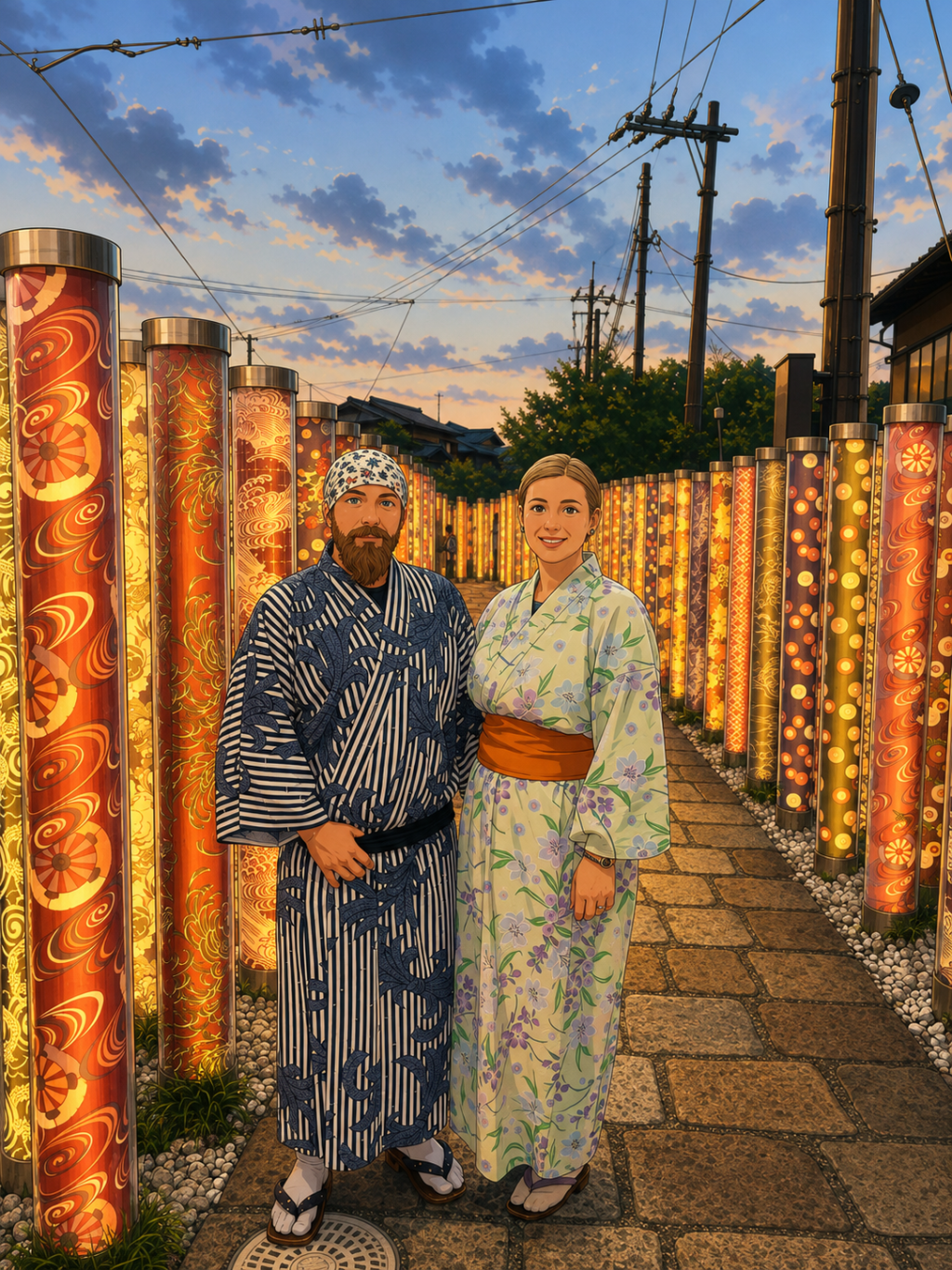 Arashiyama’daki kimono ormanı ve yürüyüş yolunu gösteren anime tarzı kapak görseli