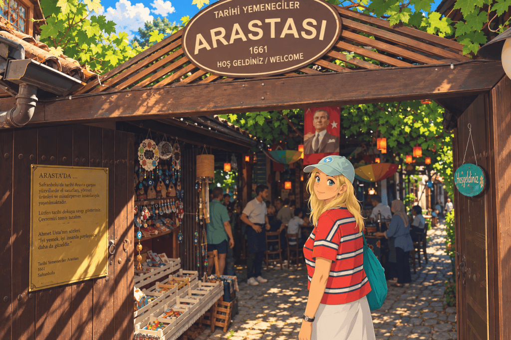 Safranbolu Yemeniciler Arastası’nın ahşap tabelalı girişinde duran kadının anime çizimi