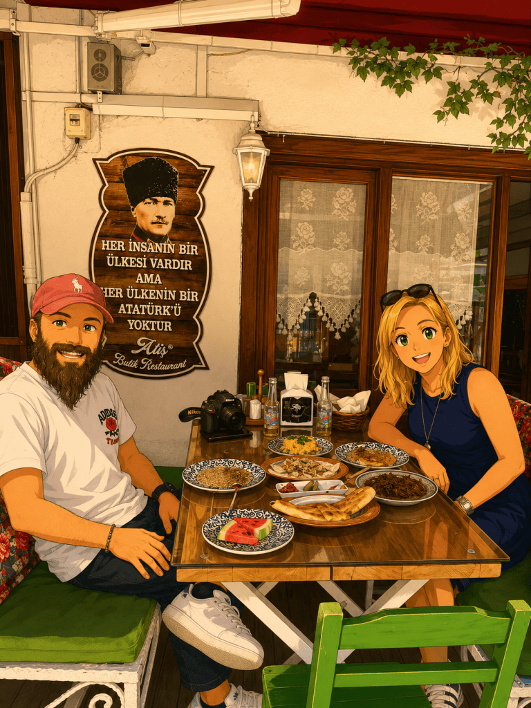 Safranbolu Atış Restoran’da yemeklerle dolu ahşap masada oturan çiftin anime çizimi