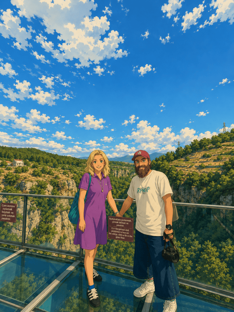 Safranbolu Cam Teras’ta kanyon manzarası önünde cam zeminde el ele duran çiftin anime çizimi