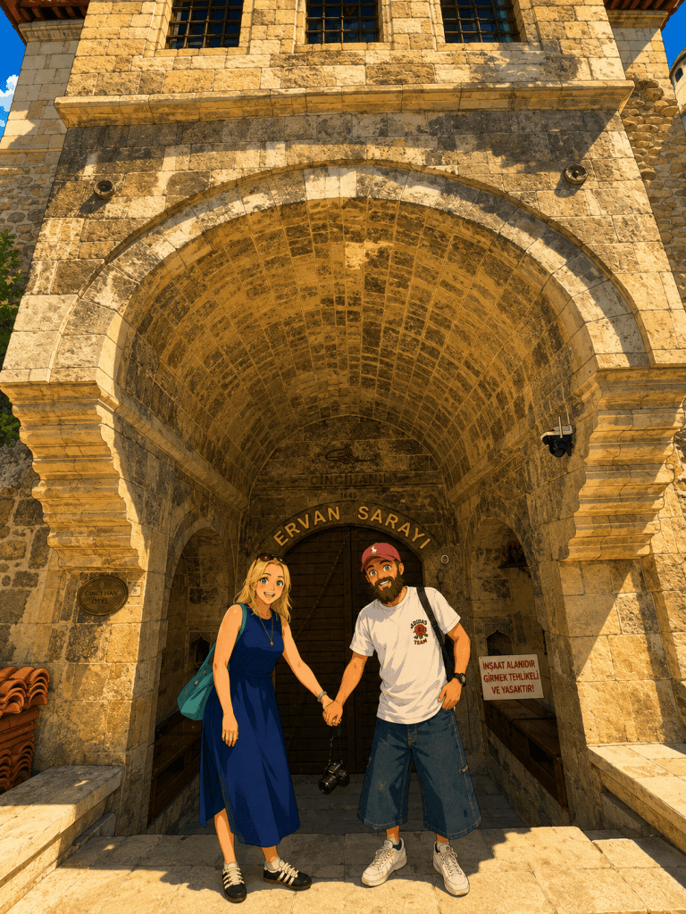 Safranbolu Cinci Han’ın yüksek taş kemerli girişinde el ele duran çiftin anime çizimi