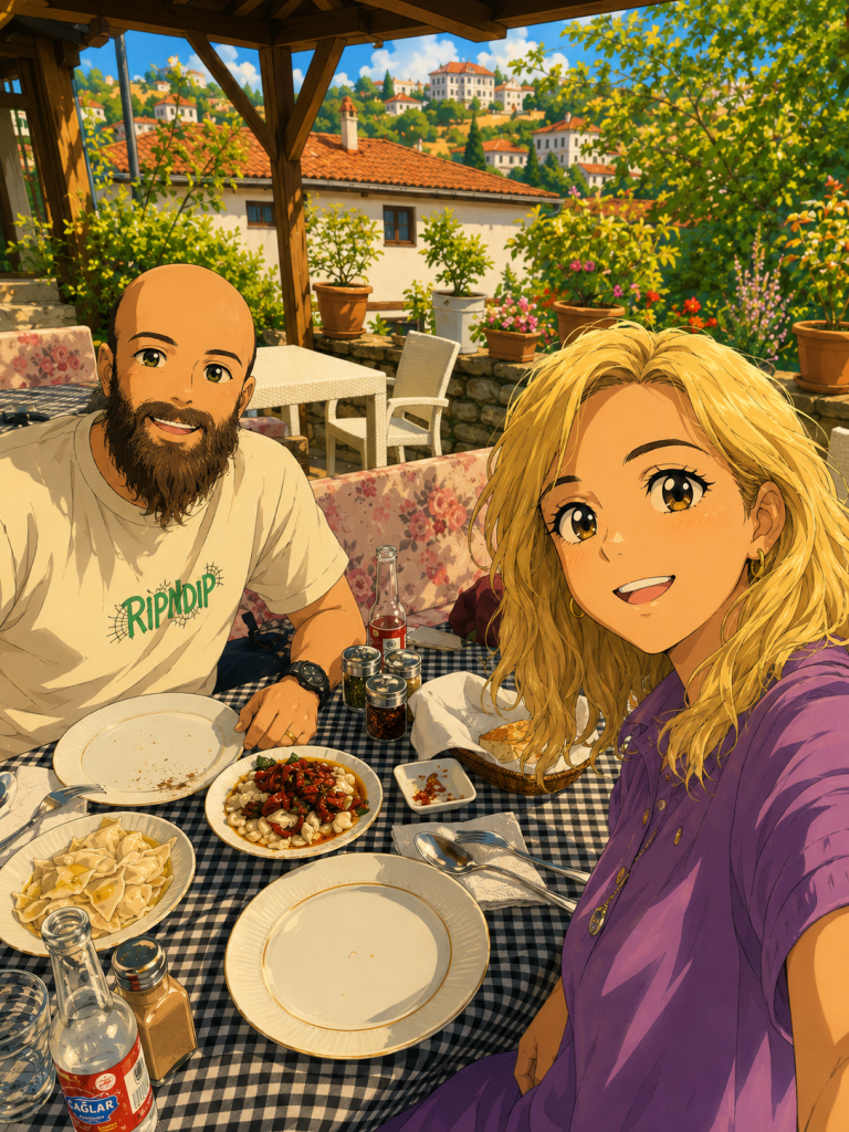 Safranbolu Eyvan Lokantası’nın açık oturma alanında, yemek masasında özçekim yapan çiftin anime çizimi