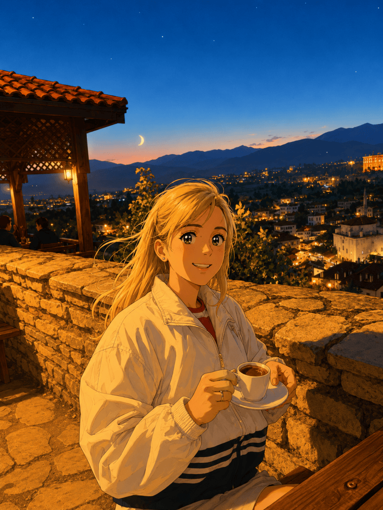 Safranbolu Hıdırlık’ta akşam şehir manzarası önünde elinde fincan tutan kadının anime çizimi