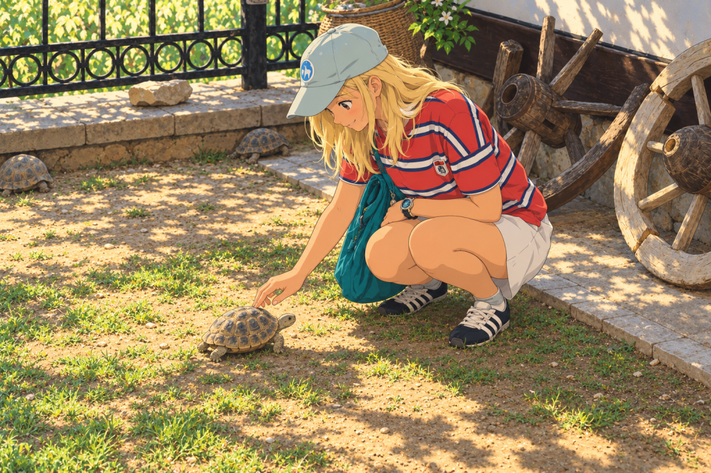 Safranbolu’da taş duvar ve ahşap tekerlek yanında bir kaplumbağaya doğru eğilen kadının anime çizimi