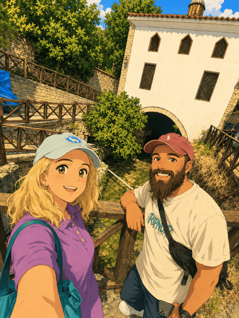 Safranbolu Kaçak Camii’nin kemerli alt bölümü ve ahşap korkulukları önünde duran çiftin anime çizimi