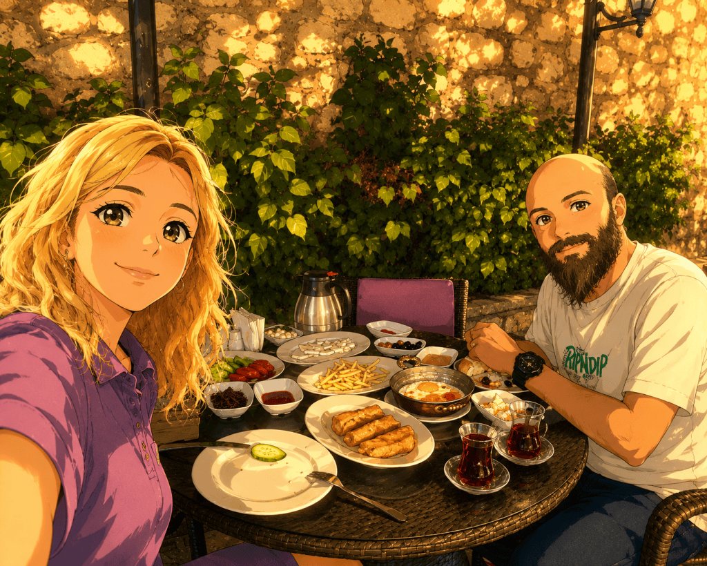 Safranbolu’da taş duvarlı bahçede çay ve kahvaltılıklarla dolu masada oturan çiftin anime çizimi