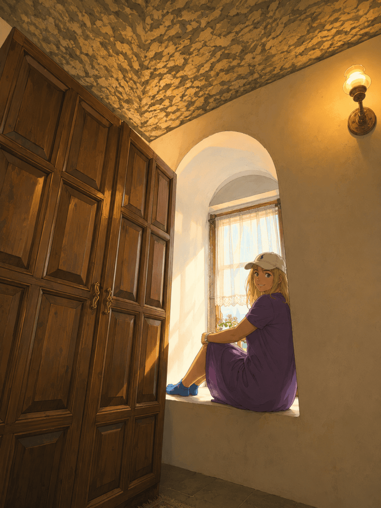 Safranbolu’daki otel odasında ahşap dolap yanında, derin pencere nişinde oturan kadının anime çizimi