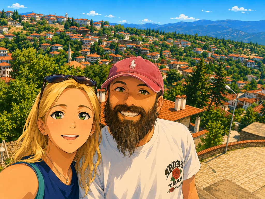 Safranbolu’nun ağaçlar arasındaki kiremit çatılı evlerini tepeden gören çiftin anime özçekimi