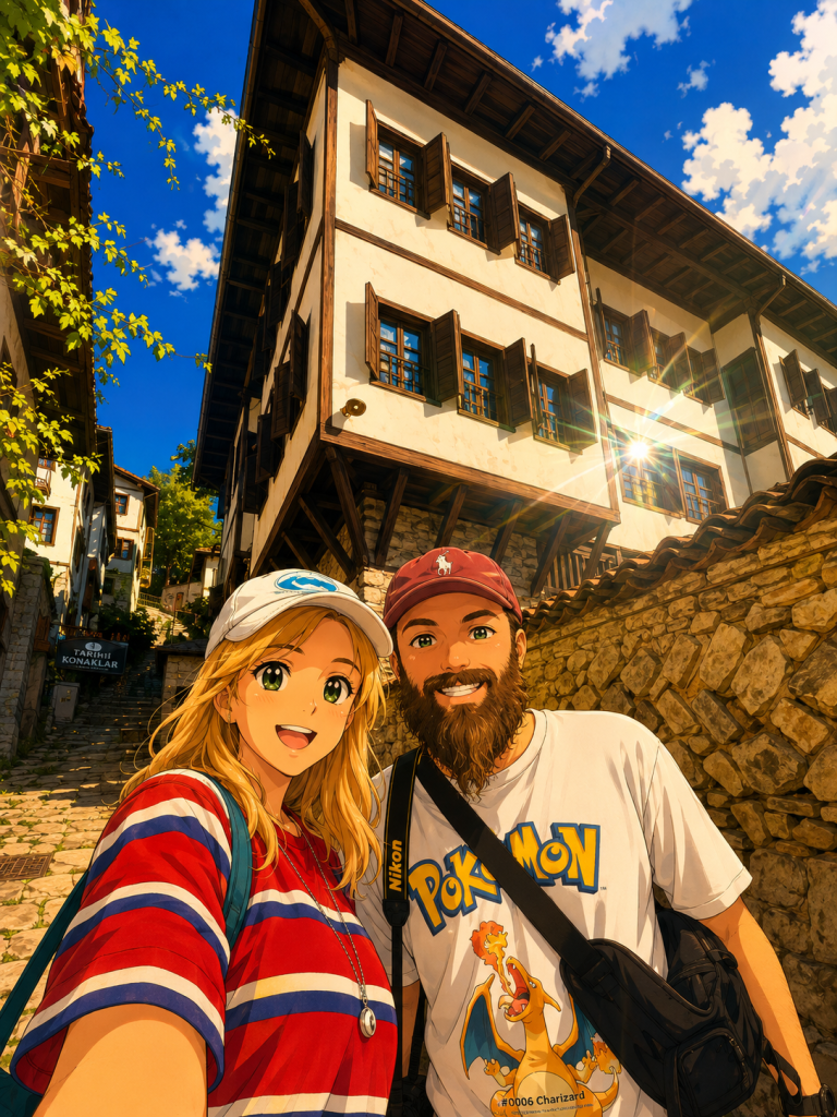 Safranbolu’da taş sokak ve ahşap çıkmalı beyaz konak önünde özçekim yapan çiftin anime çizimi