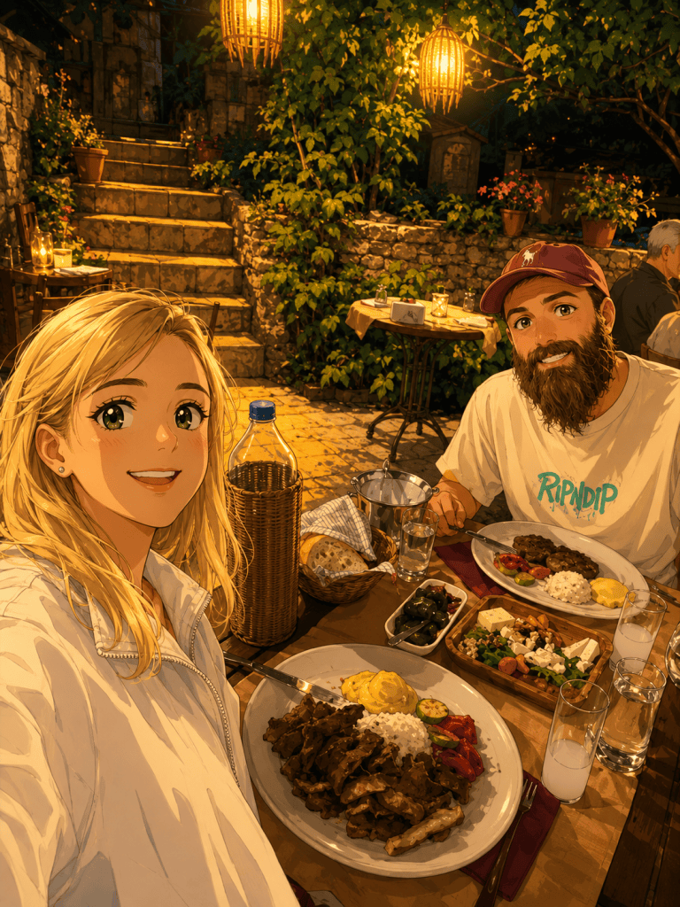 Safranbolu Taşev’de sarmaşıklar ve sıcak ışıklarla çevrili bahçede akşam yemeği yiyen çiftin anime çizimi