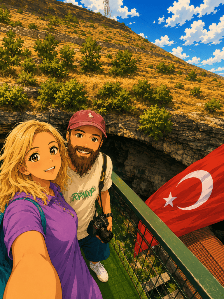 Tokatlı Kanyonu’nda kayalık yamaç ve Türk bayrağı yanındaki korkulukta duran çiftin anime çizimi