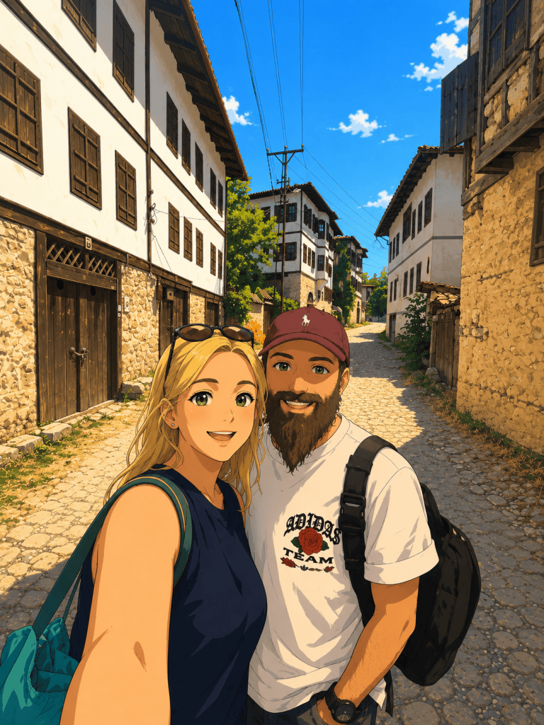 Yörük Köyü’nde taş döşeli sokak ve ahşap detaylı beyaz evler önünde özçekim yapan çiftin anime çizimi
